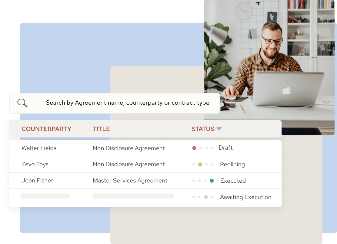 Man in glasses working on a laptop with a transparent overlay of a contract search interface showing agreement names, counterparties, and statuses including Draft, Redlining, Executed, and Awaiting Execution.